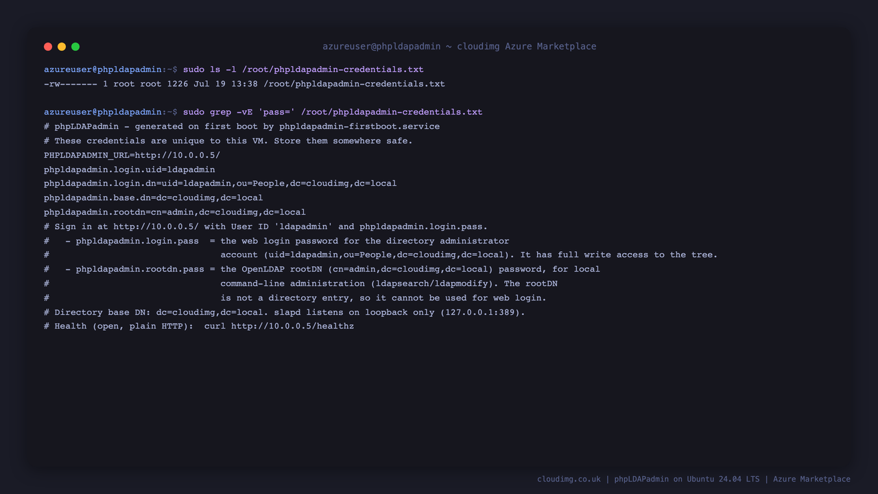 The per VM phpLDAPadmin credentials file shown as root only with mode 0600, and its non secret fields listing the login user ID, the login DN, the base DN and the instance URL