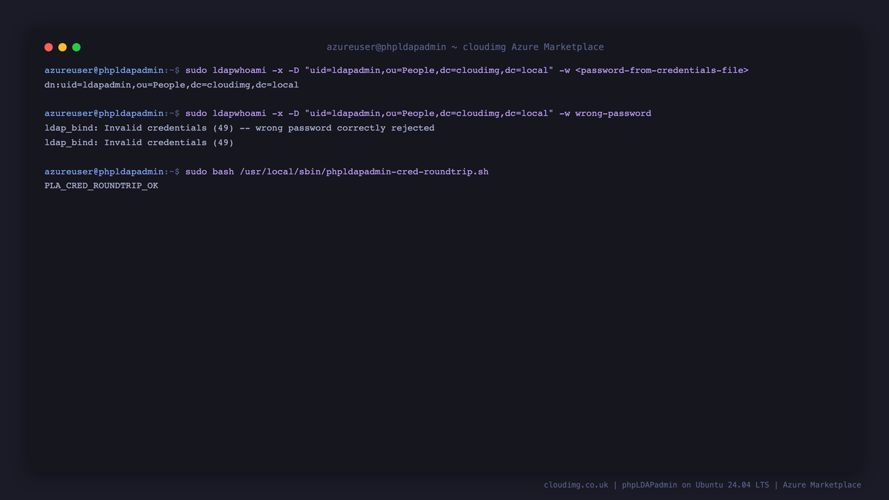 The ldapwhoami bind succeeding with the per VM password, a wrong password being rejected, and the round trip check confirming the credential authenticates through the web login