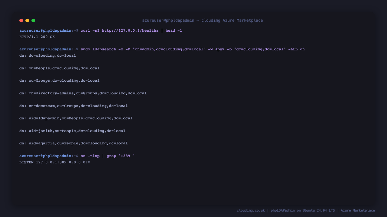 The healthz endpoint returning 200, the ldapsearch listing the People and Groups organisational units and the seeded accounts, and slapd bound to loopback 127.0.0.1:389 only