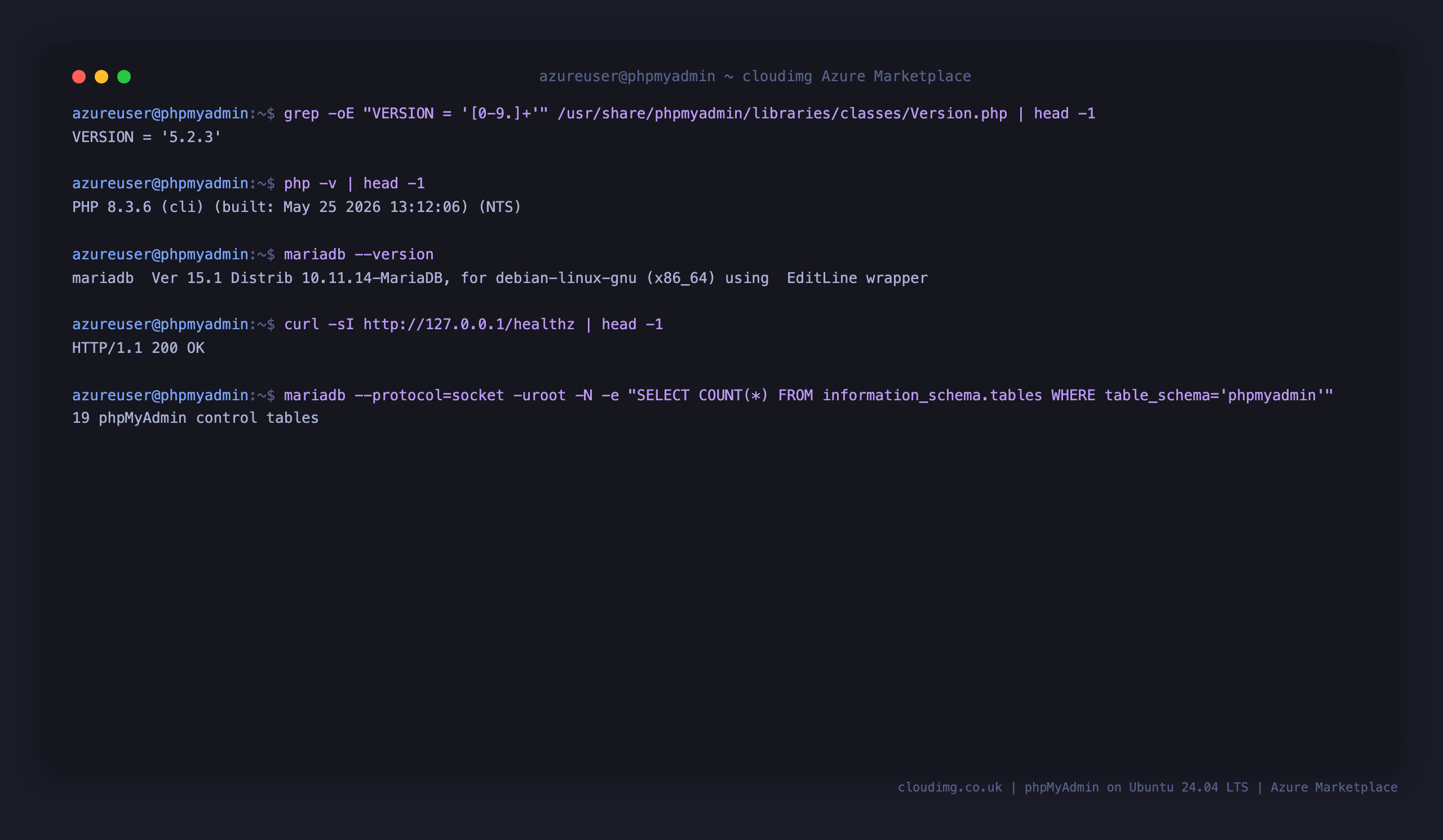 The phpMyAdmin 5.2.3 version, PHP 8.3 and MariaDB 10.11 versions, the healthz endpoint returning 200 and the phpMyAdmin control database table count