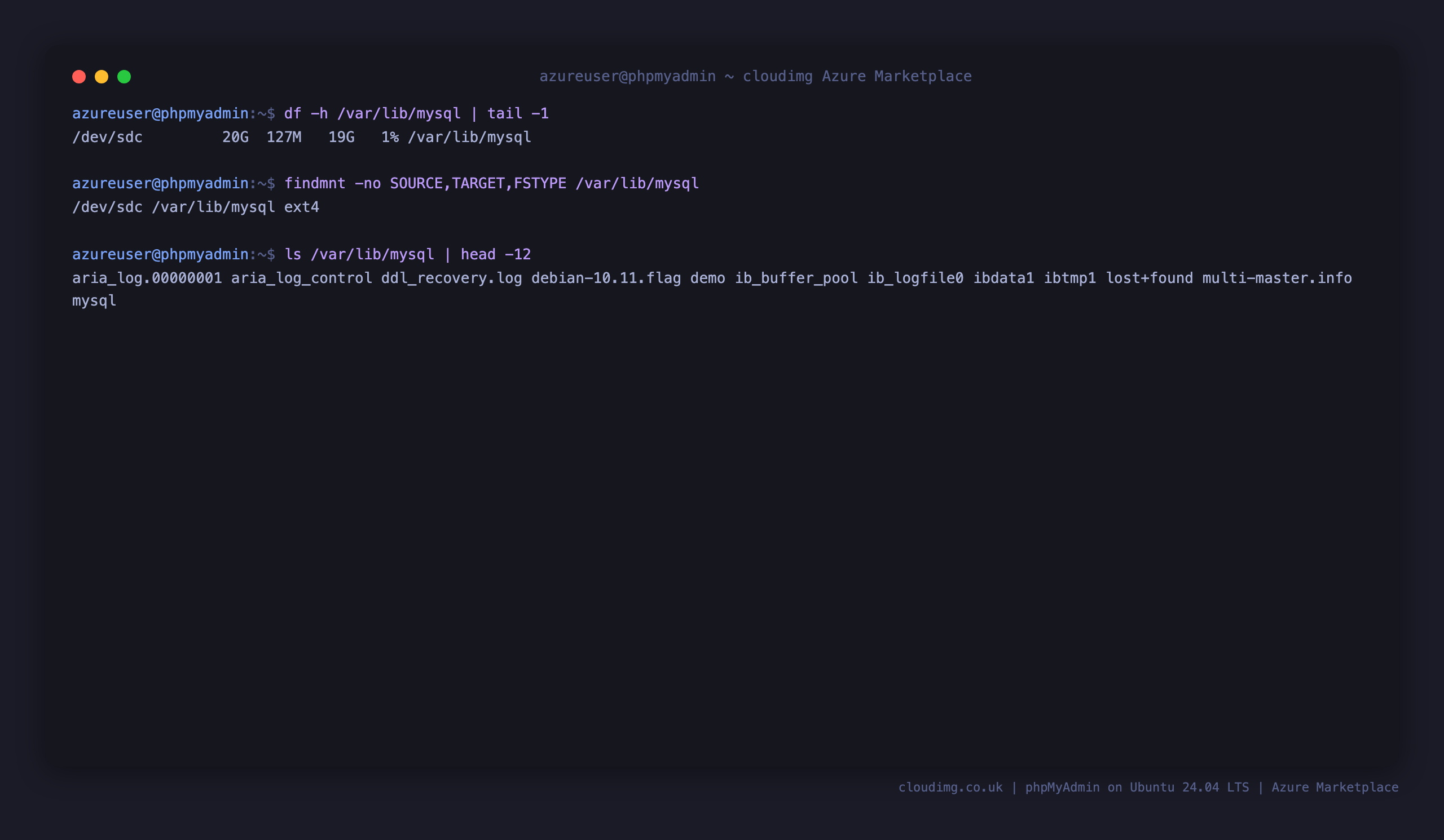 The MariaDB datadir on the dedicated ext4 data disk mounted at /var/lib/mysql