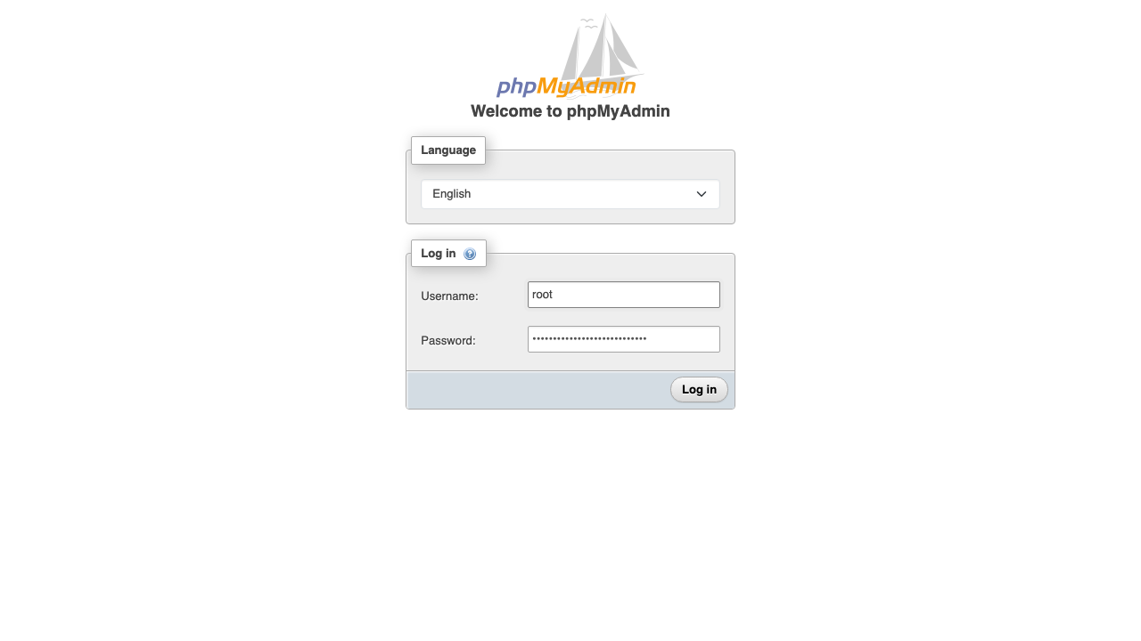 The phpMyAdmin login page with the root user entered