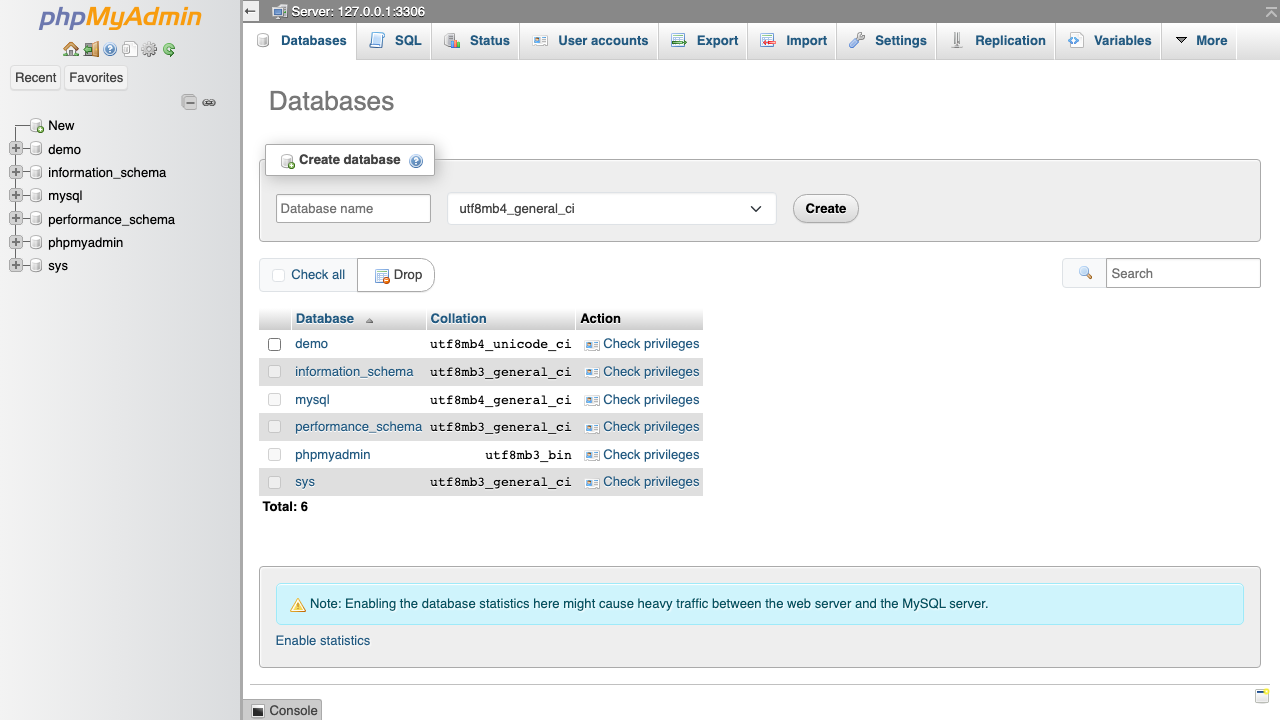 The phpMyAdmin databases overview listing the databases on the bundled MariaDB server