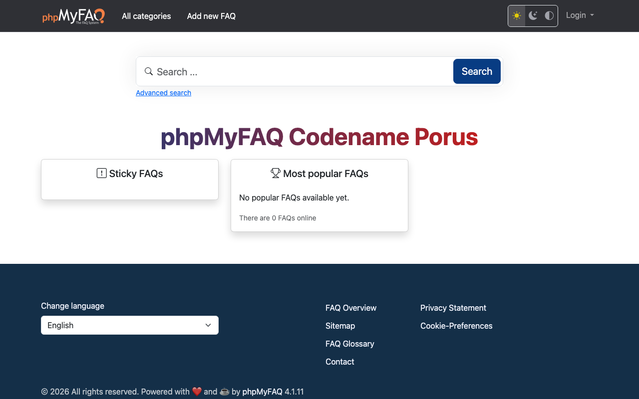 The phpMyFAQ public start page of a fresh knowledge base with the search box