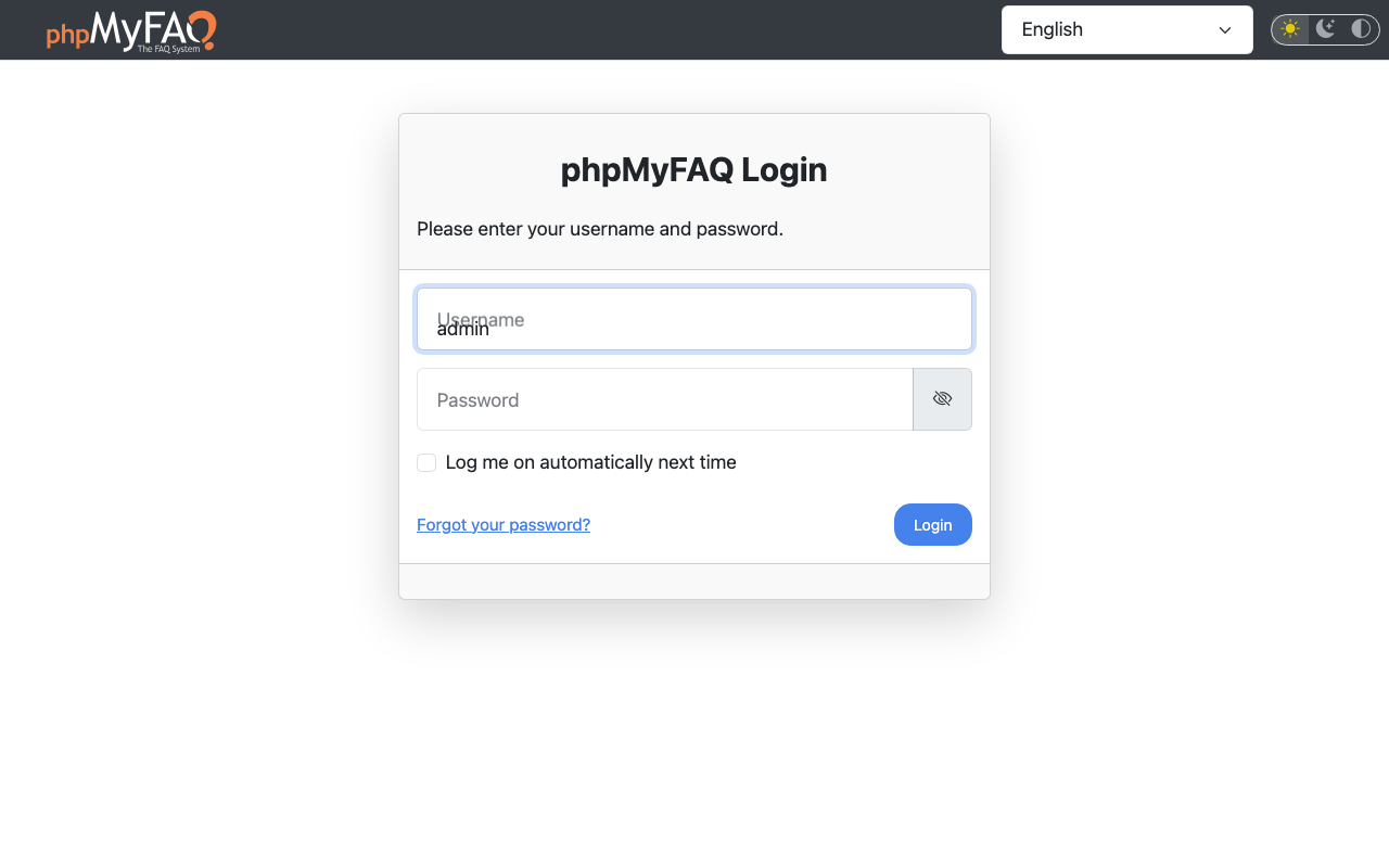 The phpMyFAQ admin sign in page with the Username and Password fields