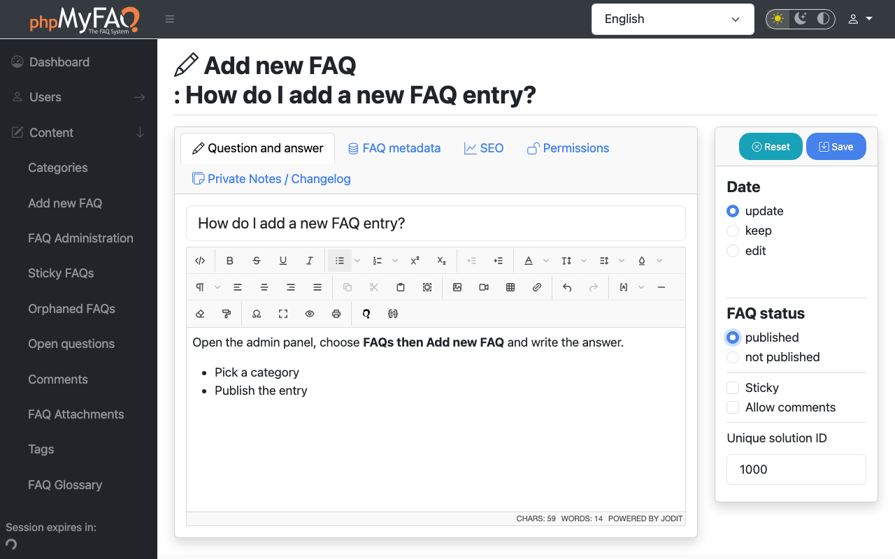 The phpMyFAQ FAQ editor with a question, an answer with bold text and a list, and the published status