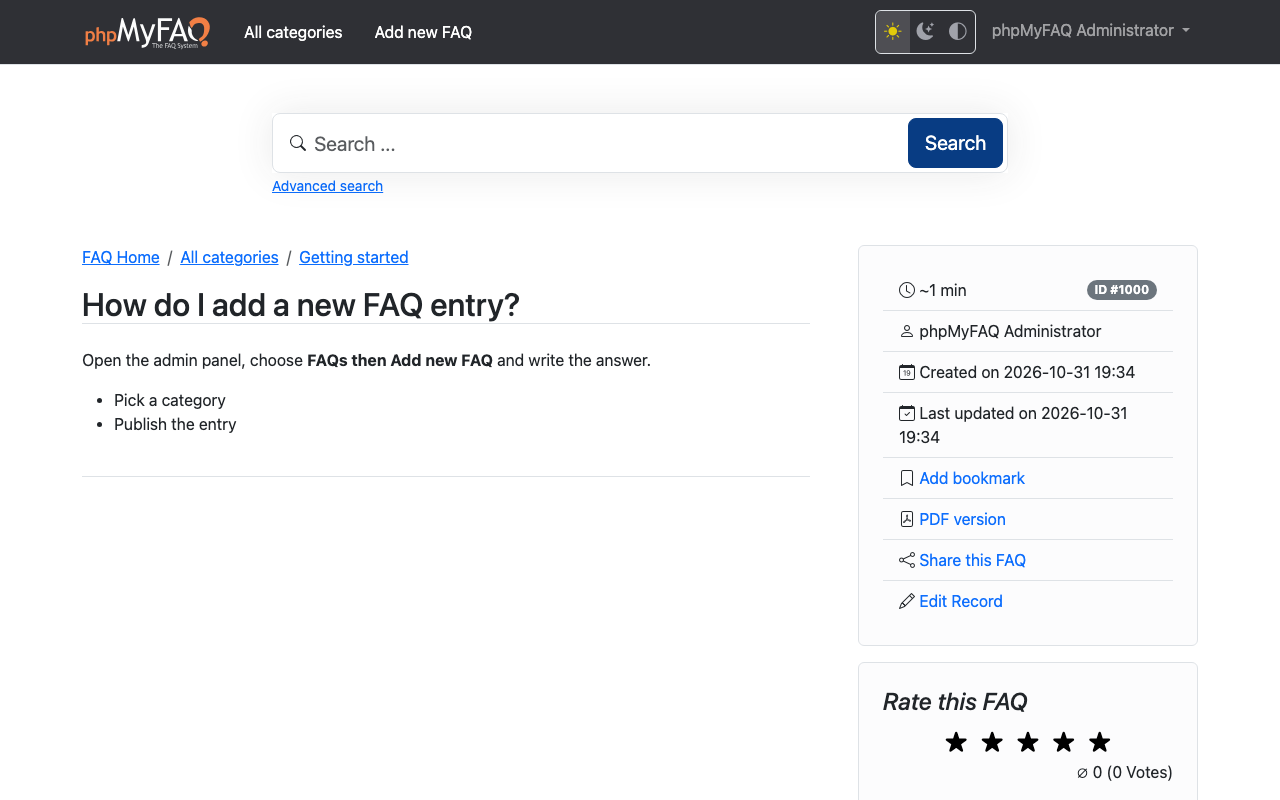 A published phpMyFAQ entry showing its formatting, breadcrumb and the entry details