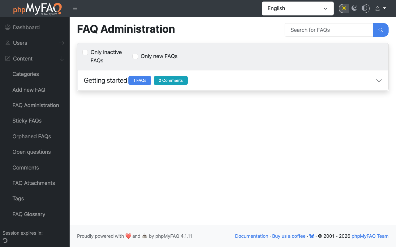 The phpMyFAQ FAQ administration list