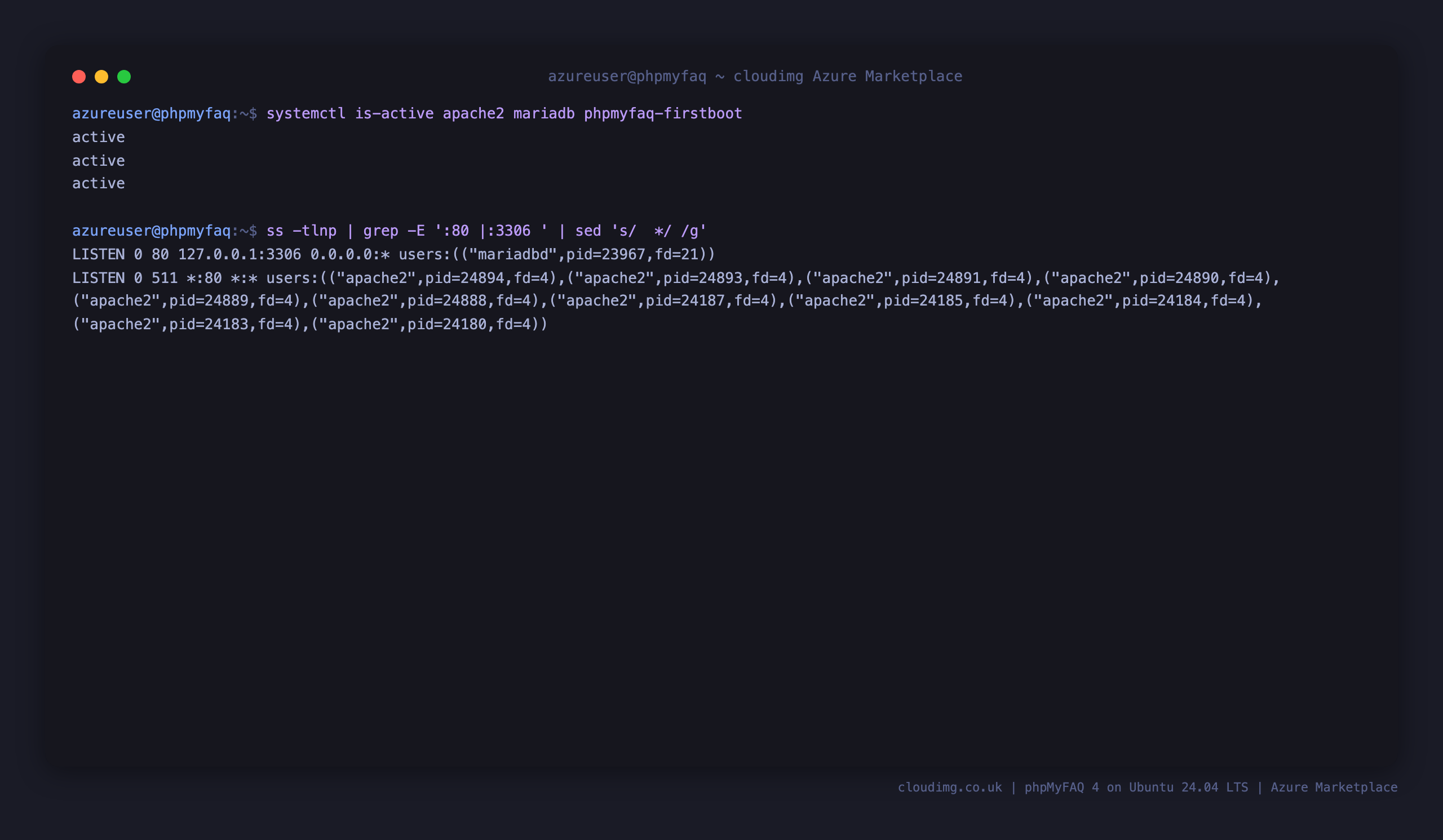 The apache2, mariadb and phpmyfaq-firstboot services all reporting active, with Apache listening on port 80 and MariaDB bound to loopback 127.0.0.1:3306