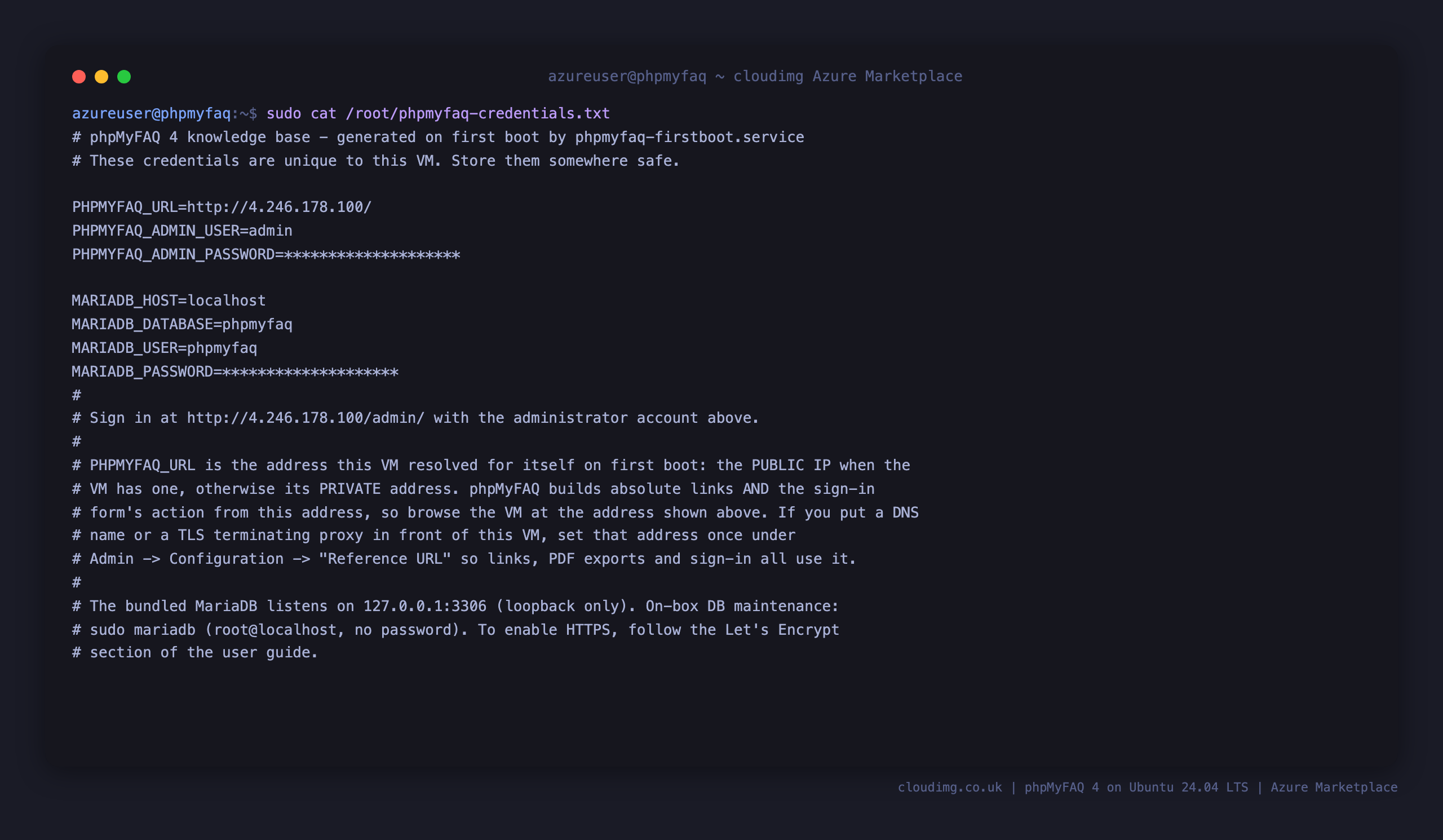 The per VM phpMyFAQ credentials file, showing the admin login user, the generated password masked, the application URL and the loopback MariaDB details