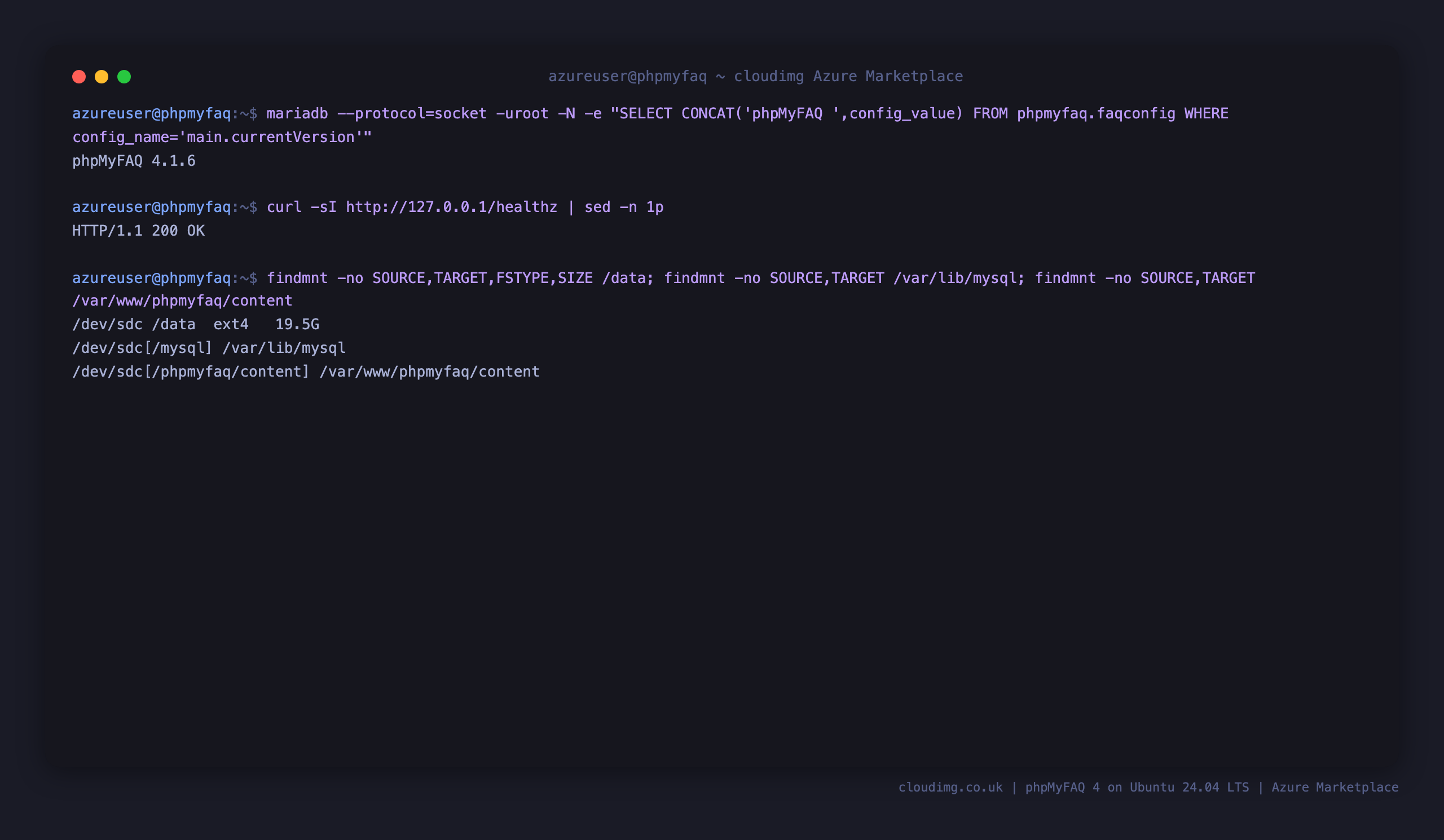 The installed phpMyFAQ version, the healthz endpoint returning 200, and the ext4 data disk mounted at /data and bind mounted onto both the MariaDB datadir and the phpMyFAQ content tree