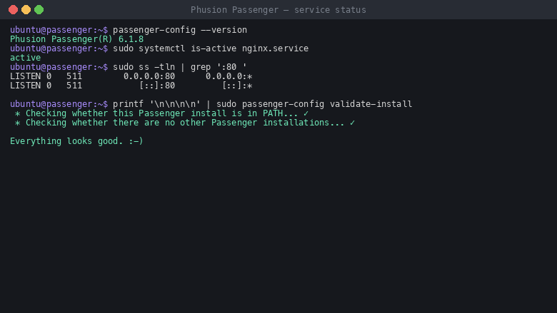 passenger-config reports Phusion Passenger 6.1.8, nginx.service is active, passenger-config validate-install reports Everything looks good, and nginx is listening on port 80