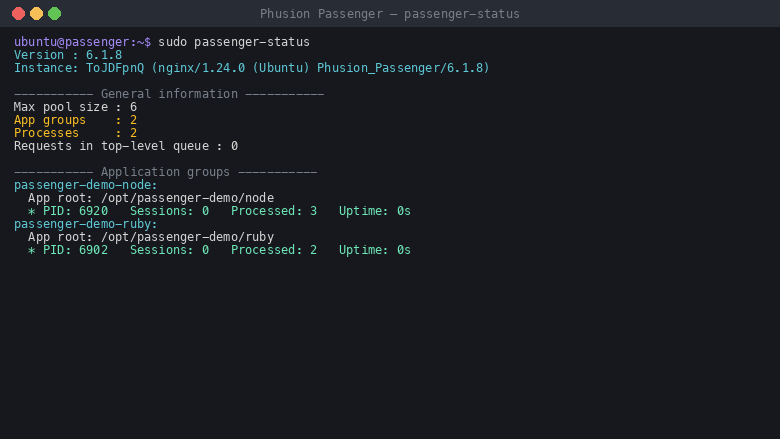 passenger-status showing two application groups, passenger-demo-node and passenger-demo-ruby, each with a live worker process, its PID, sessions, requests processed and uptime