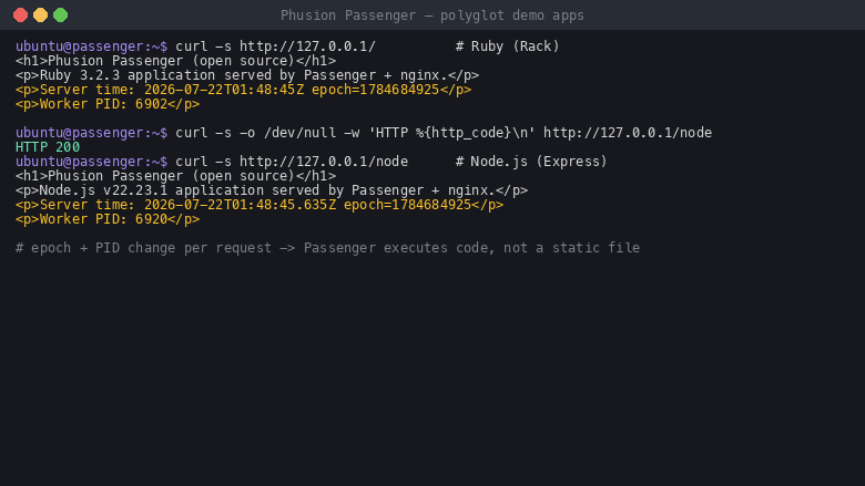curl of the Ruby app at / and the Node.js app at /node, both returning HTTP 200 with a live server timestamp, epoch and worker PID, proving genuine per-request execution in two languages