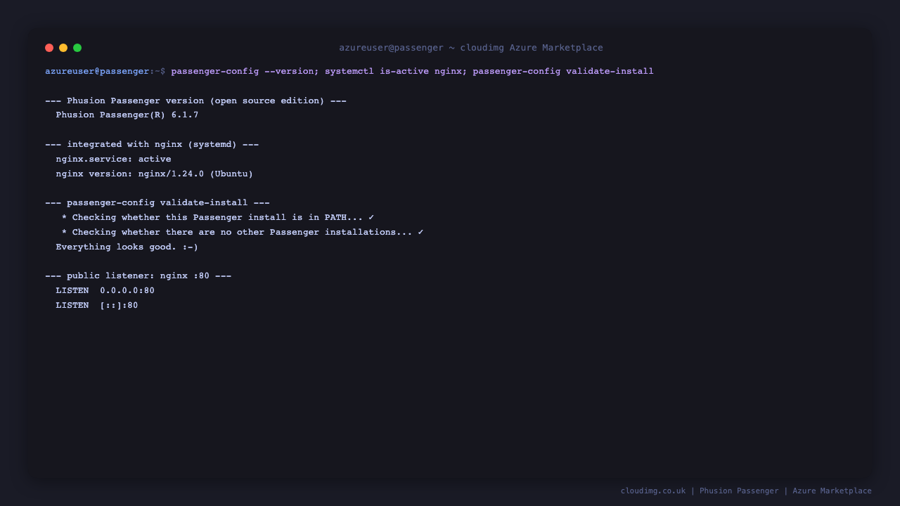 passenger-config reports Phusion Passenger 6.1.7, nginx.service is active, passenger-config validate-install reports Everything looks good, and nginx is listening on port 80