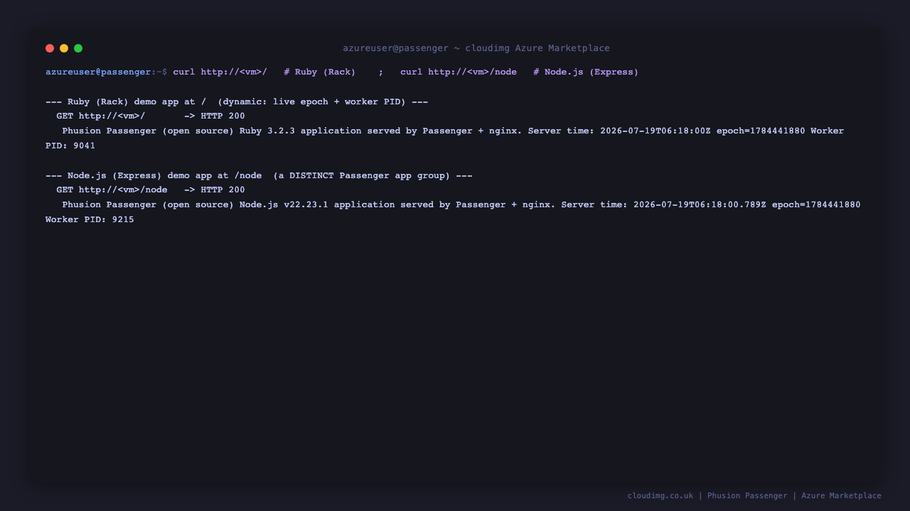 curl of the Ruby app at / and the Node.js app at /node, both returning HTTP 200 with a live server timestamp, epoch and worker PID, proving genuine per-request execution in two languages