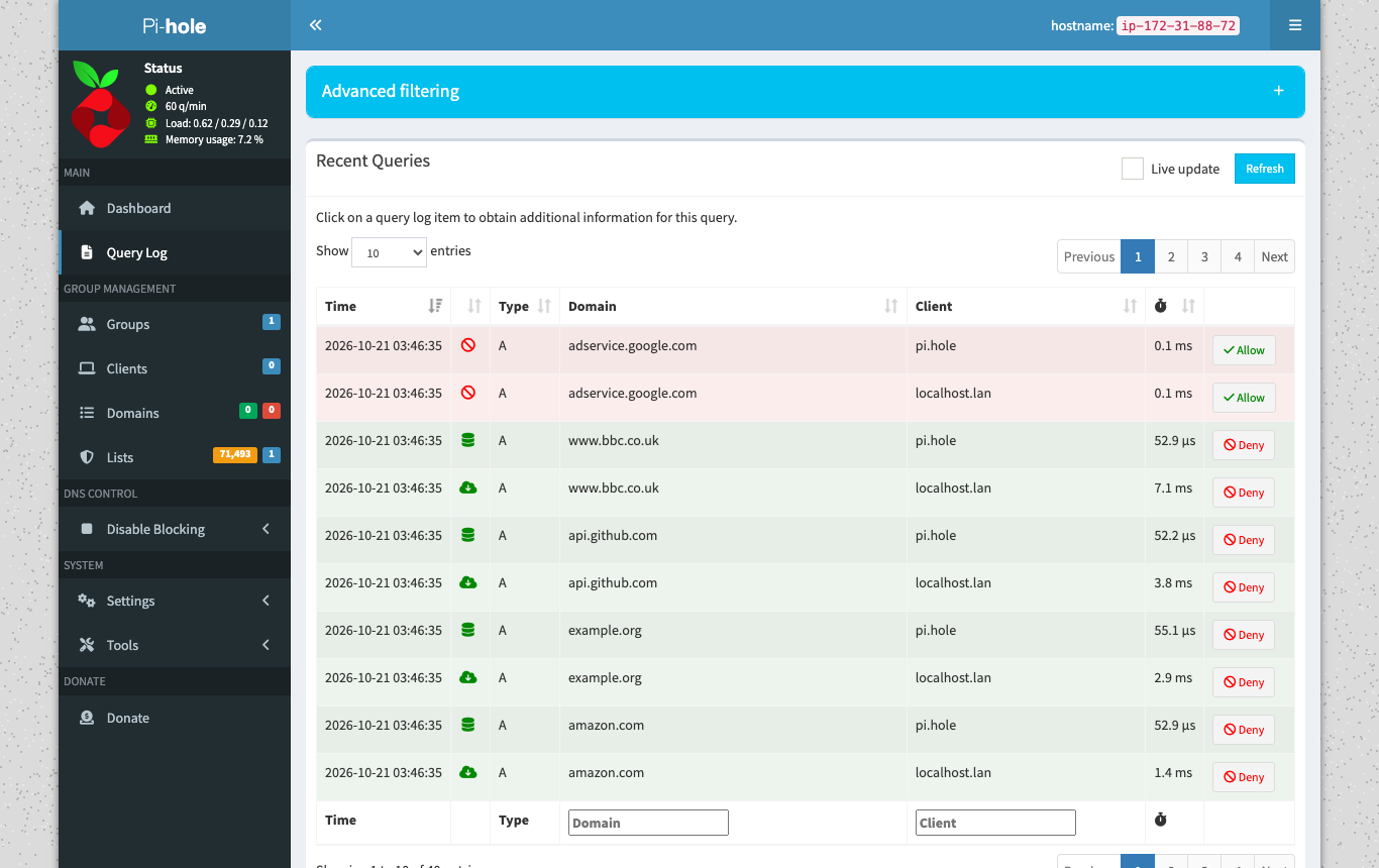 The Pi-hole query log showing forwarded, cached and blocked queries per client