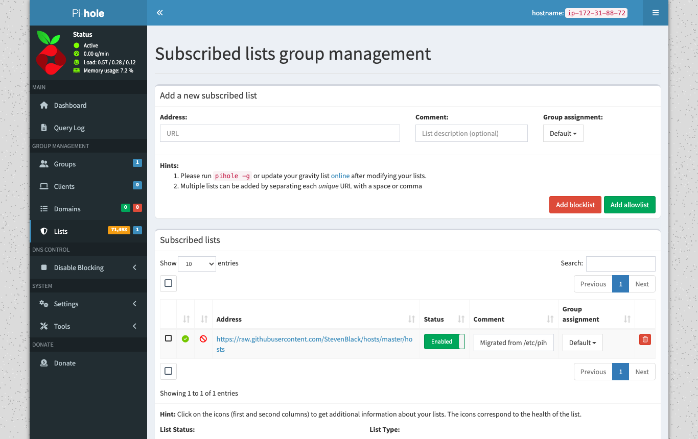 The Pi-hole Lists page with the StevenBlack unified hosts list enabled