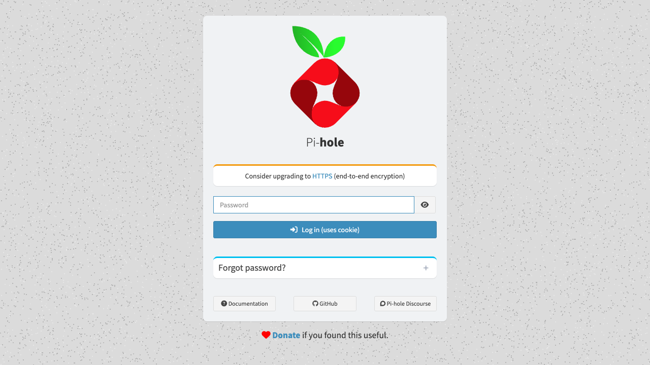 Pi-hole admin dashboard login page