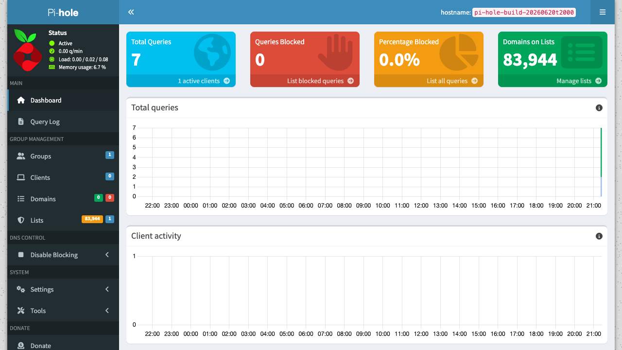 Pi-hole admin dashboard with query statistics