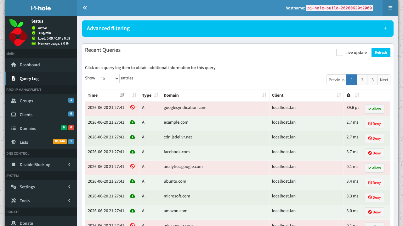 Pi-hole query log