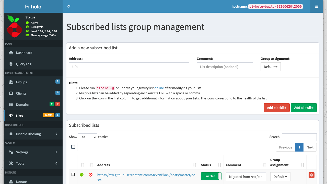 Pi-hole subscribed blocklists