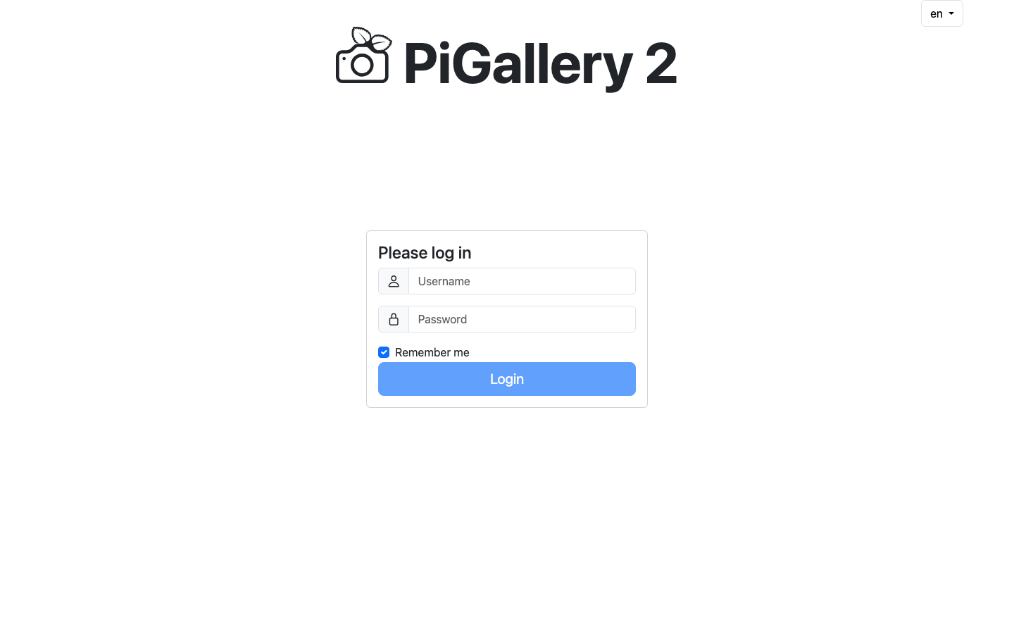 The PiGallery2 sign in page with user name and password fields and a Remember me option