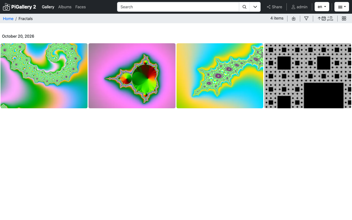 The Fractals folder in PiGallery2 showing four fractal images in a grid with the breadcrumb, item count, download, filter, sort and group buttons