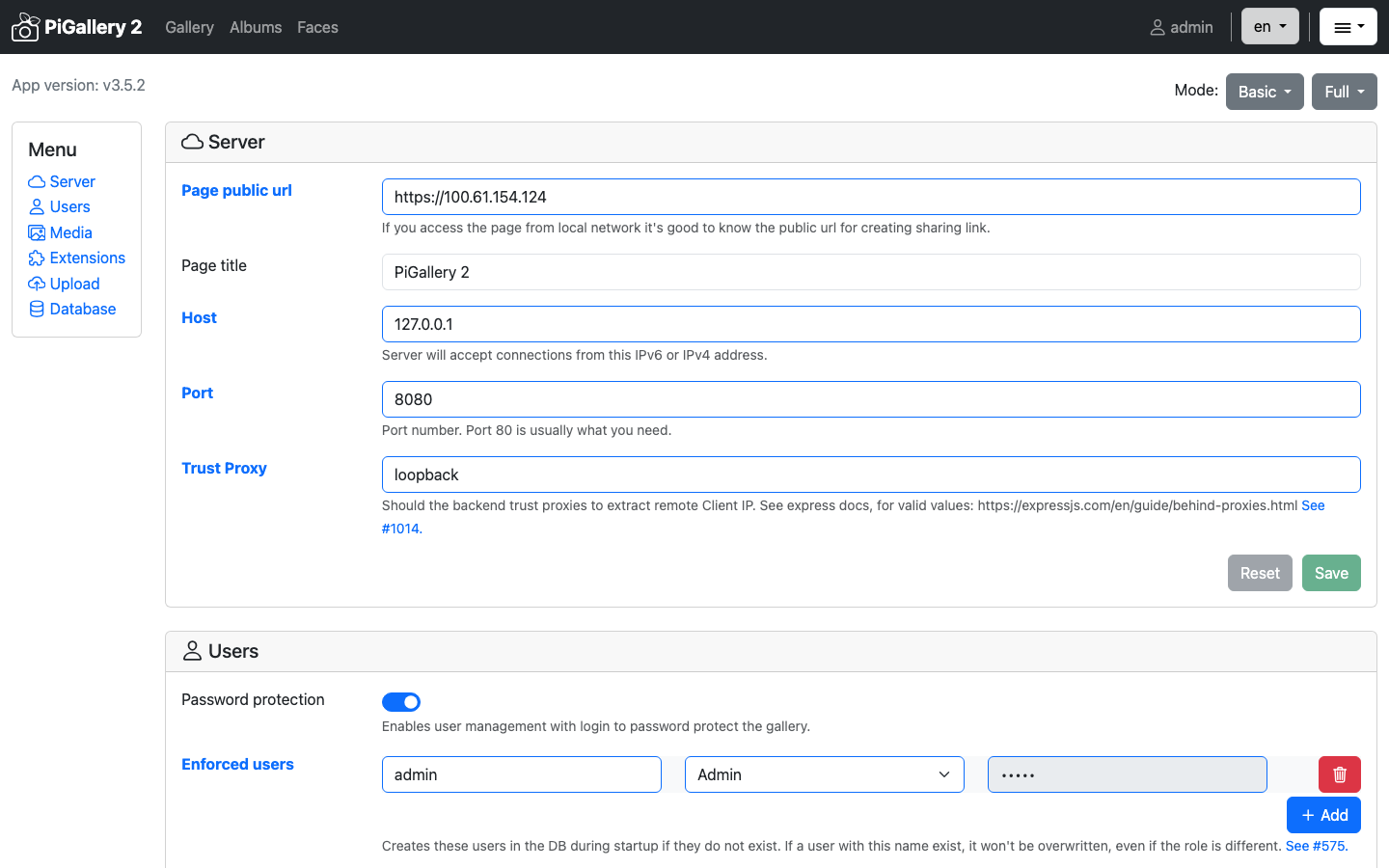 The PiGallery2 Settings page in Basic mode showing the Server section with the public URL, host 127.0.0.1, port 8080 and trust proxy loopback, and the Users section with password protection on and the enforced admin user