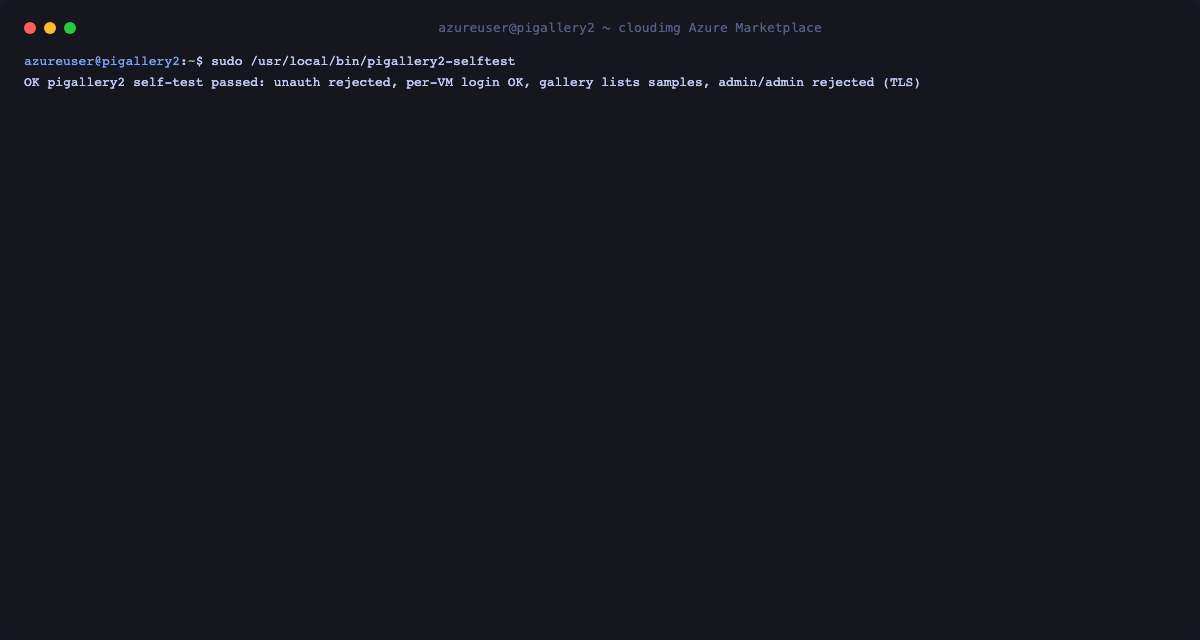 The pigallery2-selftest output reporting OK: unauthenticated request rejected, per VM login succeeded, the gallery lists the sample photos, and the default admin/admin login is rejected, all over TLS