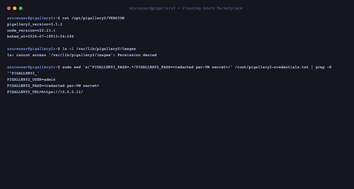 The /opt/pigallery2/VERSION file showing the baked PiGallery2 and Node.js versions, a listing of the sample photos in the gallery folder, and the per VM pigallery2-credentials.txt showing the admin username and URL with the password redacted