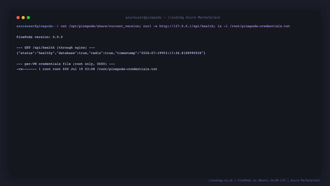PinePods version, health and credentials file