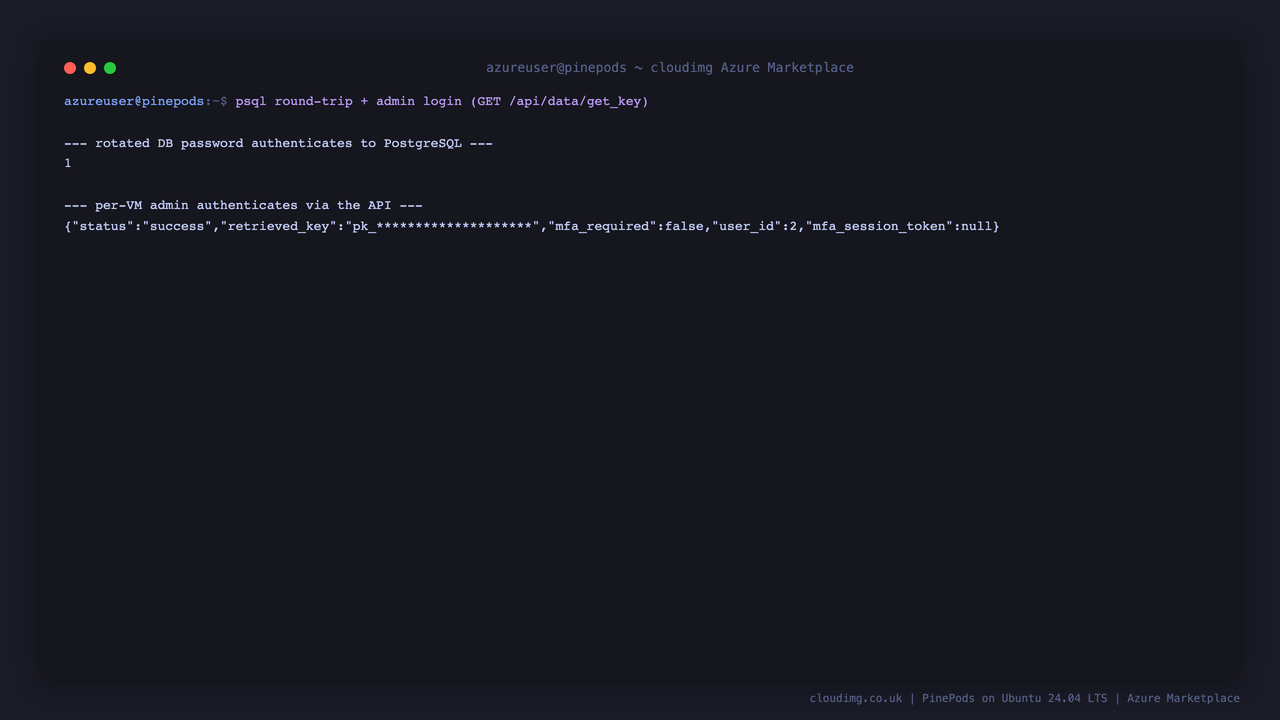 Secure-by-default: rotated DB credential works, admin authenticates