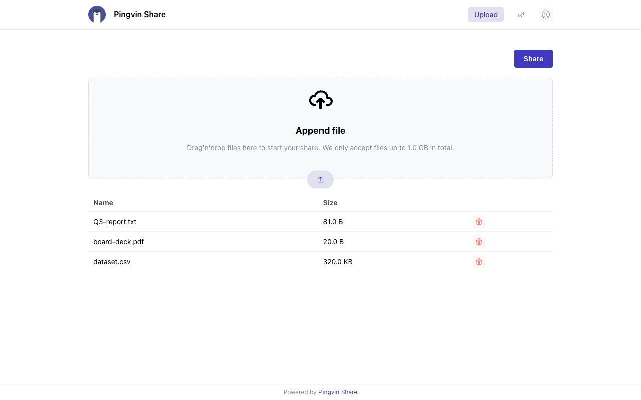 Uploading files to create a share