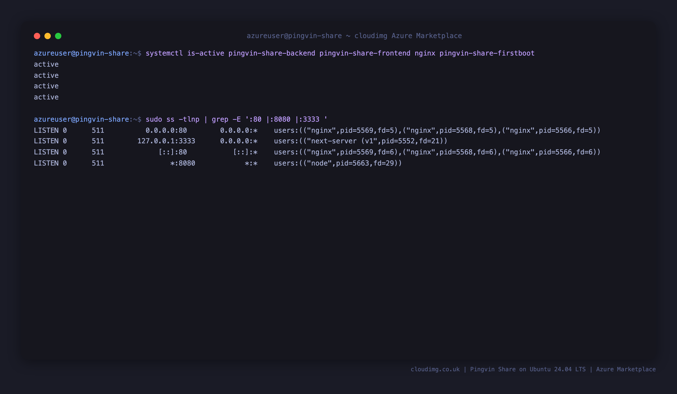 Service status and health endpoint on port 80, with the internal application ports