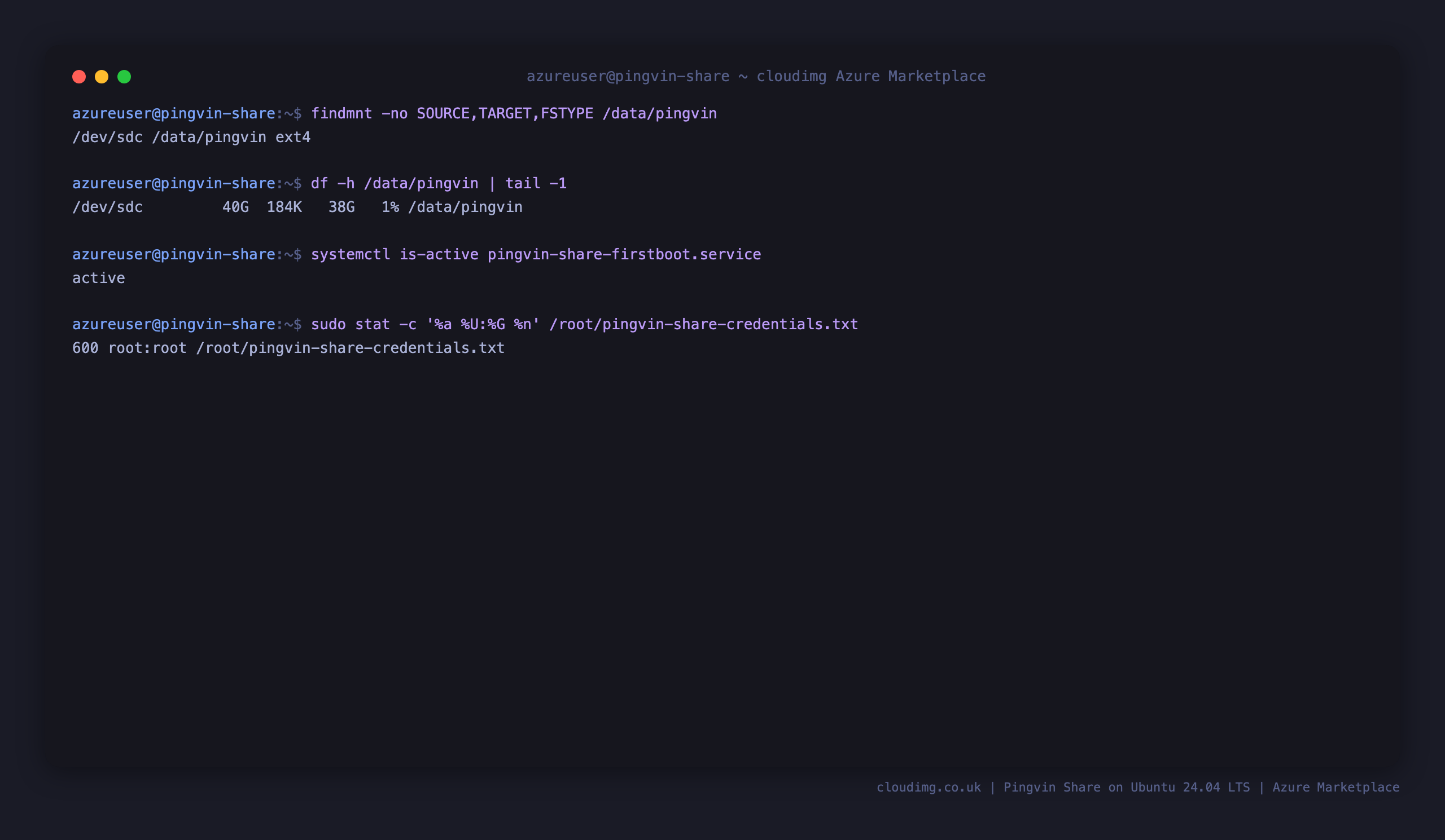 First-boot service, data disk mount and credential file permissions