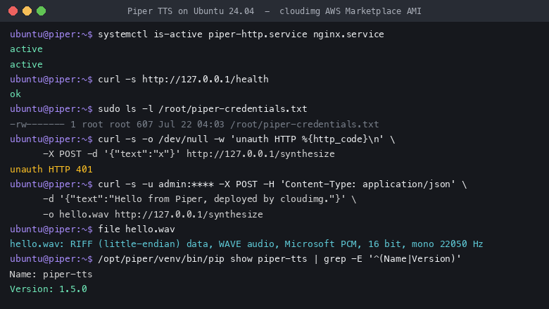 Piper TTS running on the cloudimg AMI - services active, health open, synthesis gated by a per-instance password, a real WAV returned