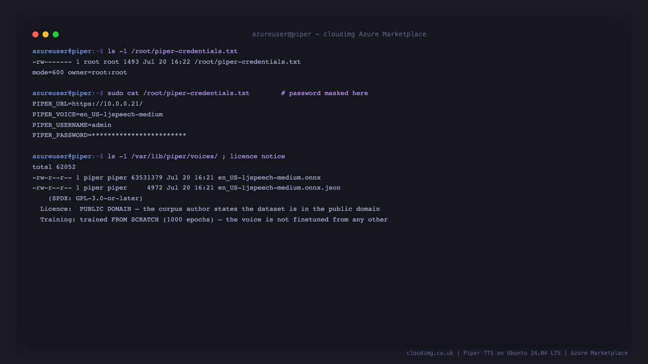 Terminal showing the credentials file owned by root with mode 600, its contents with the password masked, the single preinstalled voice model, and the recorded licence position