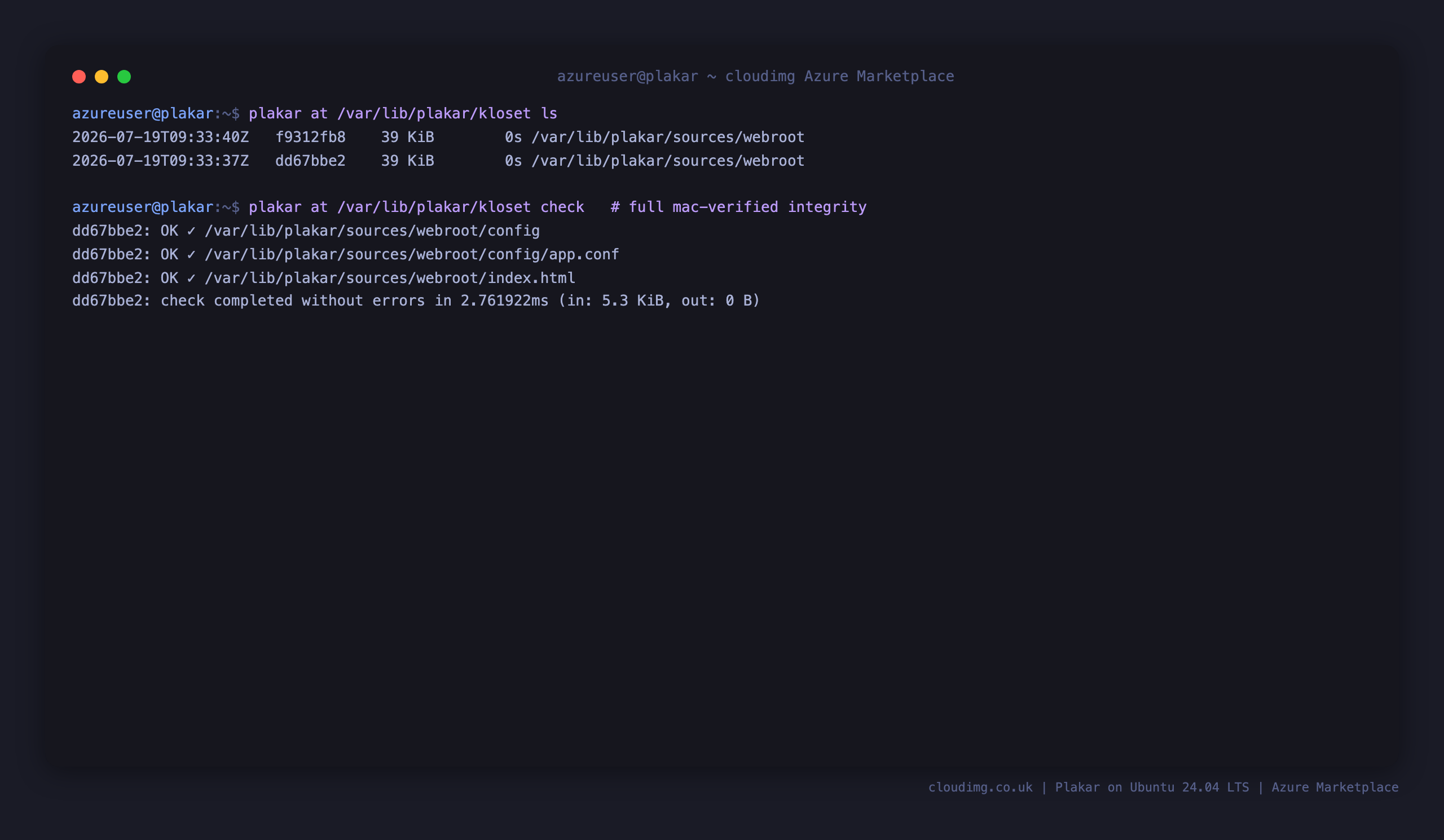 Snapshots listed in the encrypted repository and a clean full integrity check