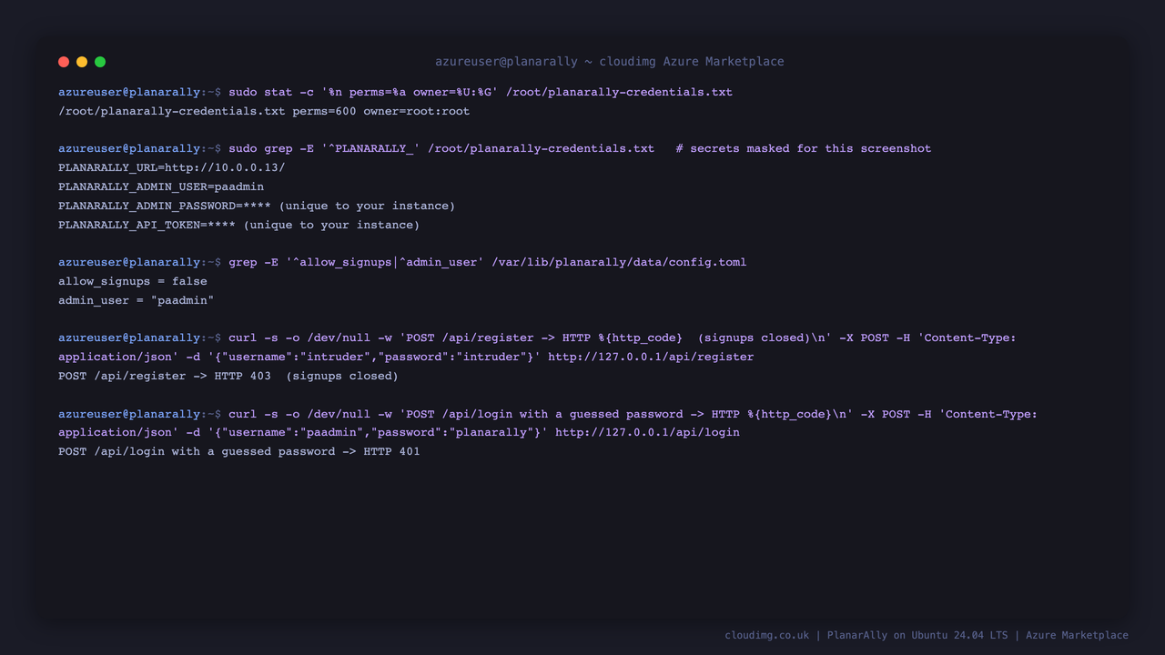 The root only per instance credentials file, self registration refused with HTTP 403 and a guessed password refused with HTTP 401