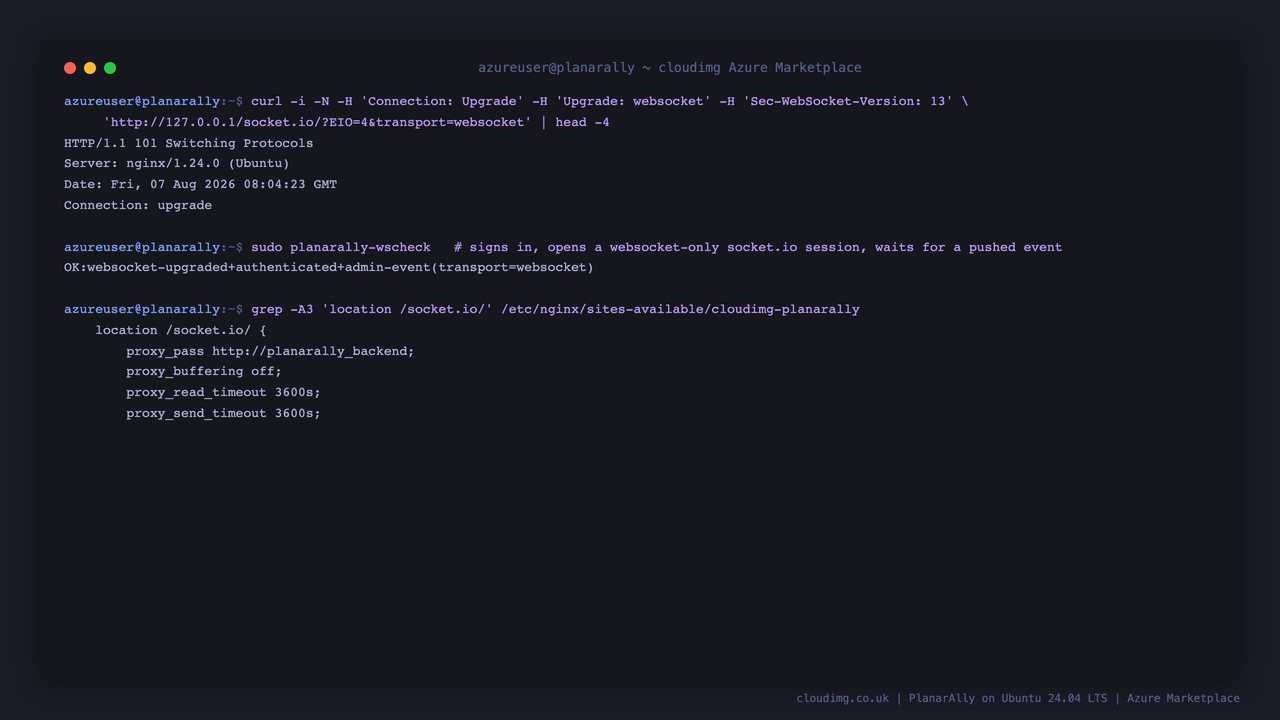 nginx answering HTTP 101 Switching Protocols for the socket.io endpoint, an authenticated websocket round trip, and the websocket proxy configuration