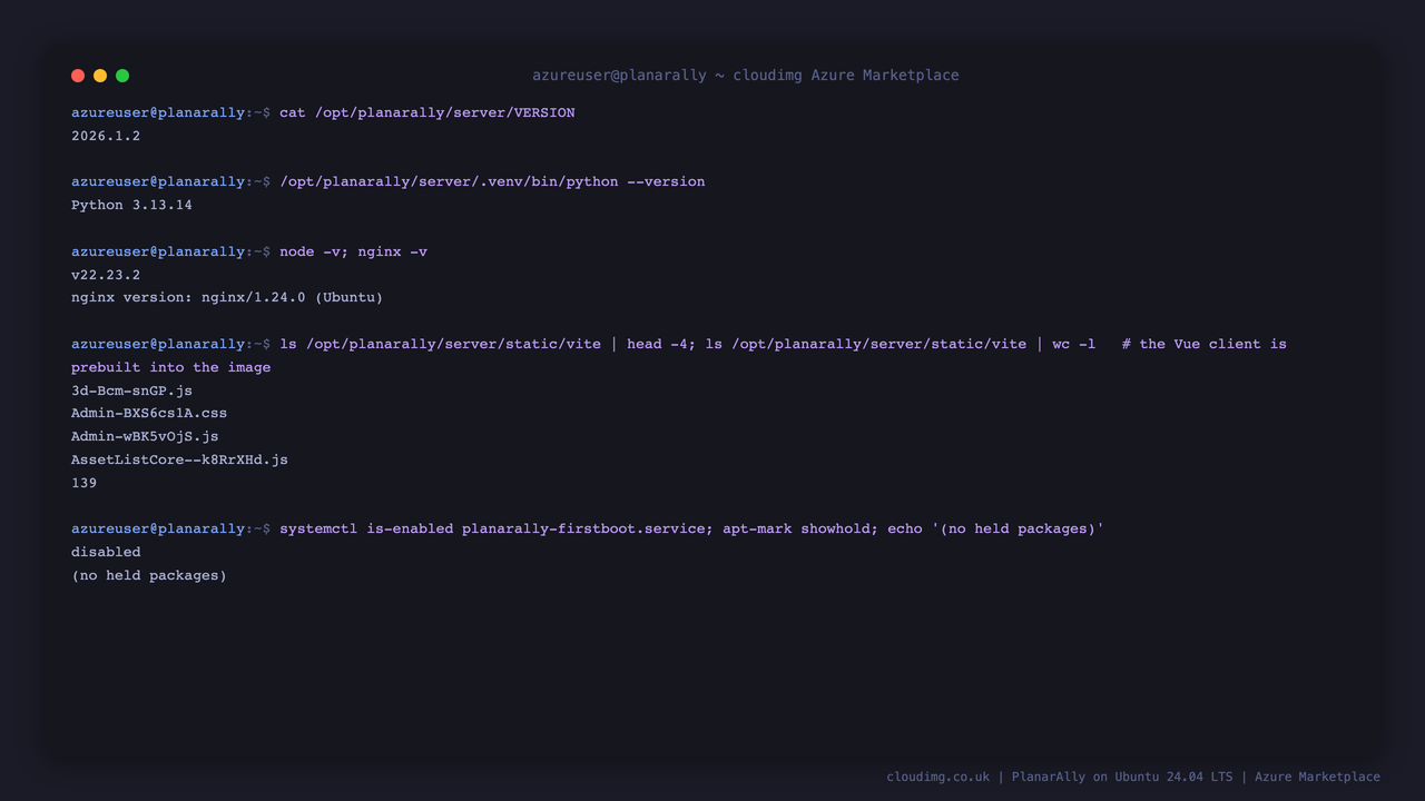The pinned PlanarAlly release, the uv managed Python 3.13 runtime, Node.js 22 LTS, nginx, the prebuilt Vue client bundle and an intact OS patch baseline