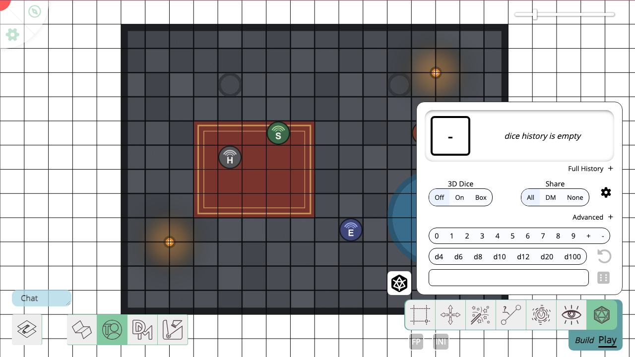 The built in PlanarAlly dice roller open alongside the shared battle map