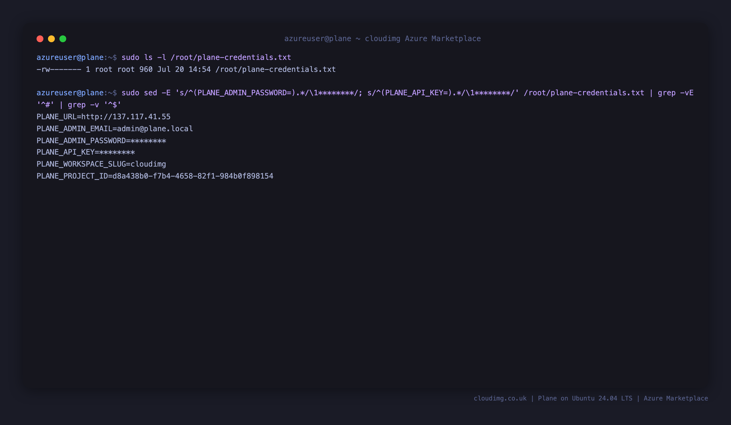 The per-VM Plane credentials file with the console URL, administrator email, and the password and API key redacted