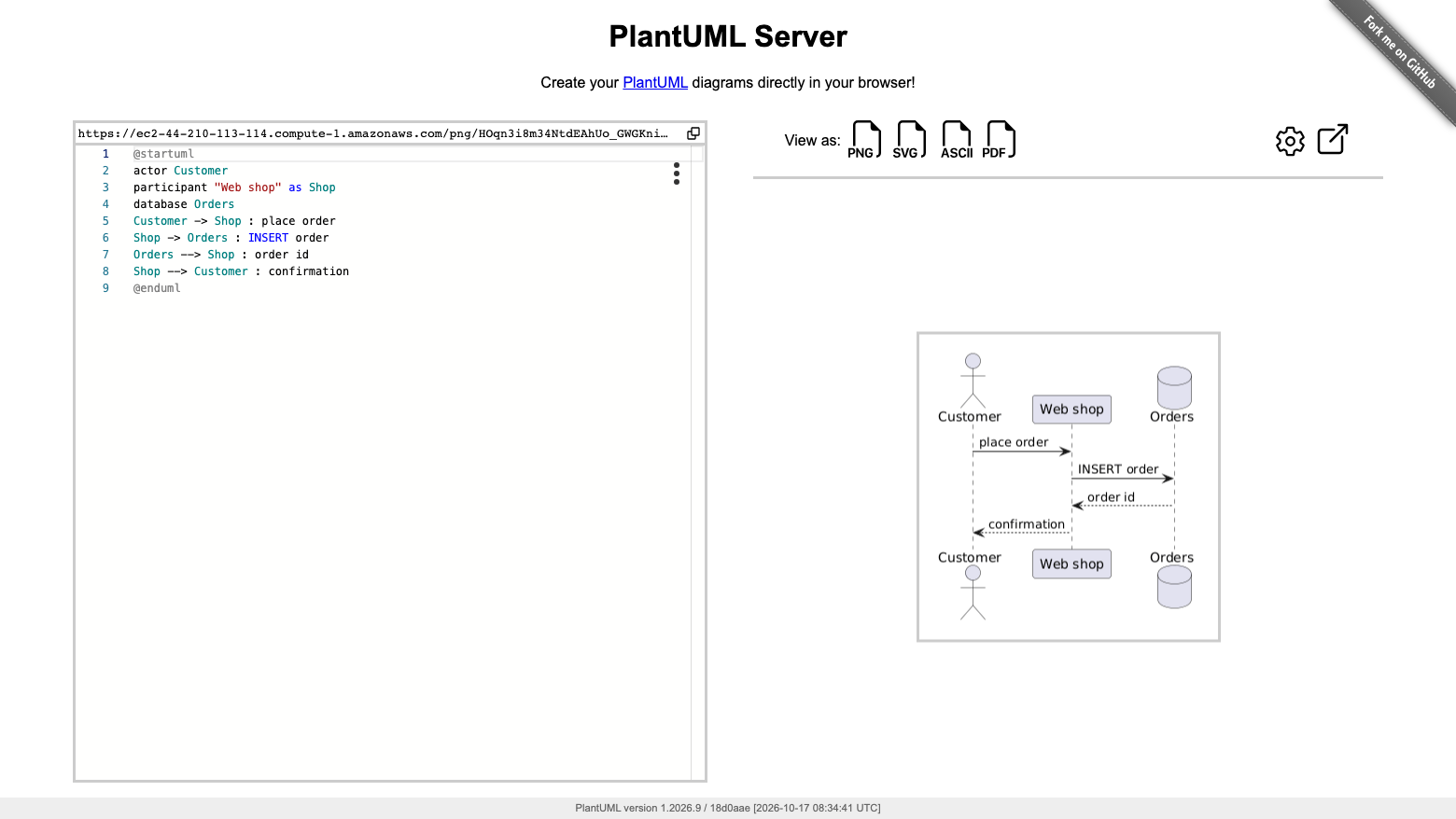 The PlantUML Server editor on cloudimg: a sequence diagram source with an actor, a web shop and an orders database on the left, and the rendered diagram on the right