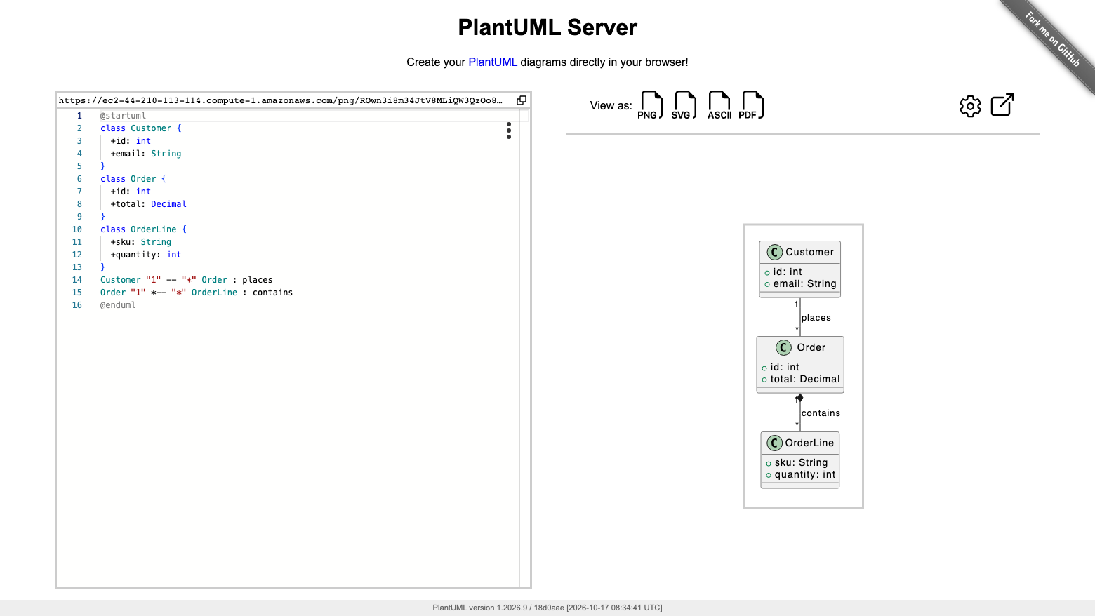 A PlantUML class diagram of customers, orders and order lines with their fields and multiplicities, previewed as SVG in the PlantUML Server editor