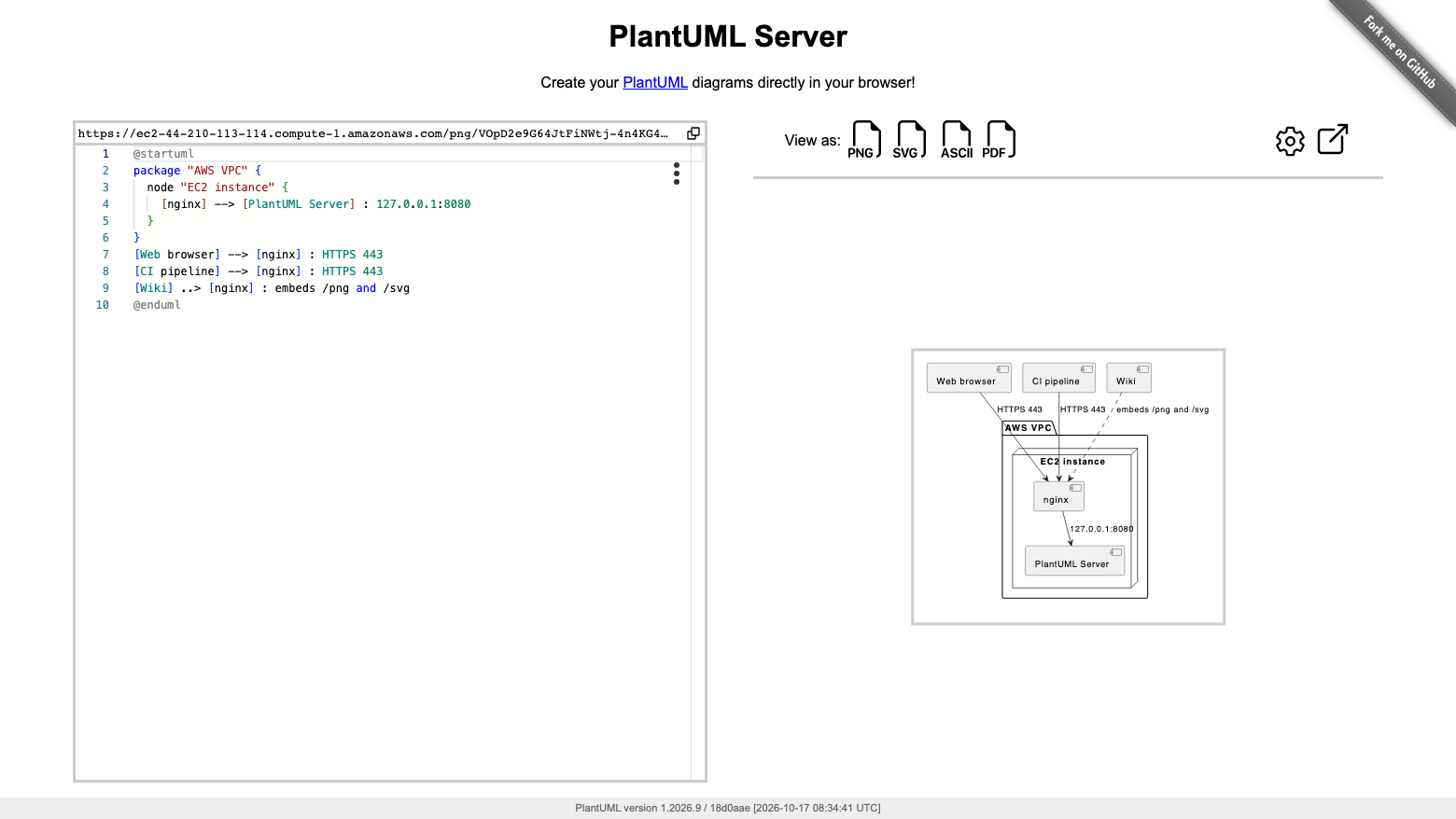 A PlantUML component diagram of a web browser, a CI pipeline and a wiki reaching nginx over HTTPS on an EC2 instance in a VPC, with nginx forwarding to PlantUML Server on 127.0.0.1:8080