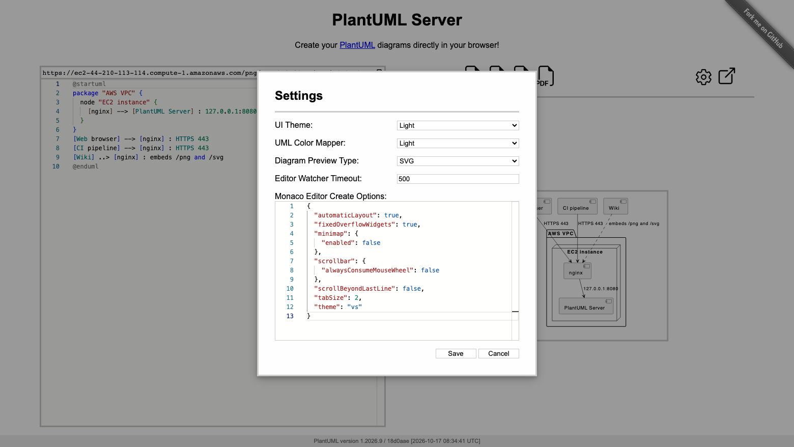 The PlantUML Server settings dialog with the colour theme, the diagram preview type, the editor watcher timeout and the Monaco editor options