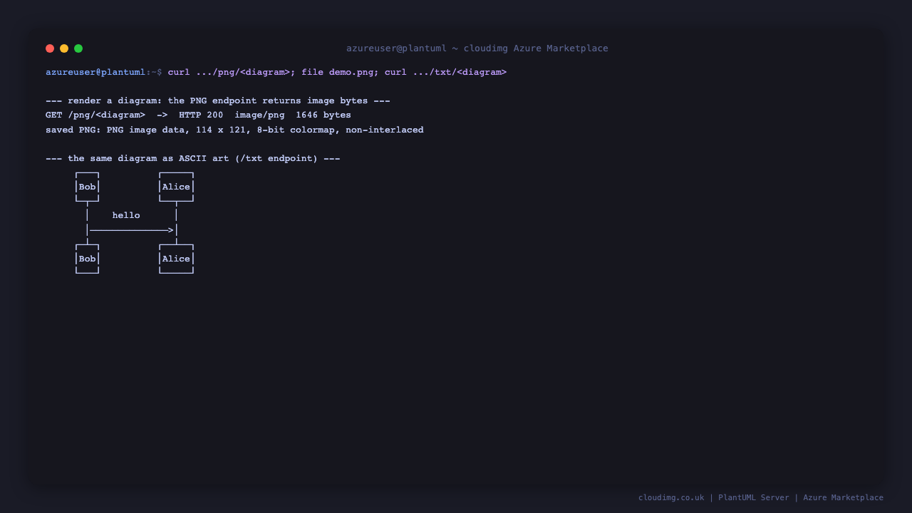 curl against the PNG render endpoint returns HTTP 200 with content type image/png and a non zero byte count, file confirms a PNG image, and the txt endpoint prints the same sequence diagram as ASCII art
