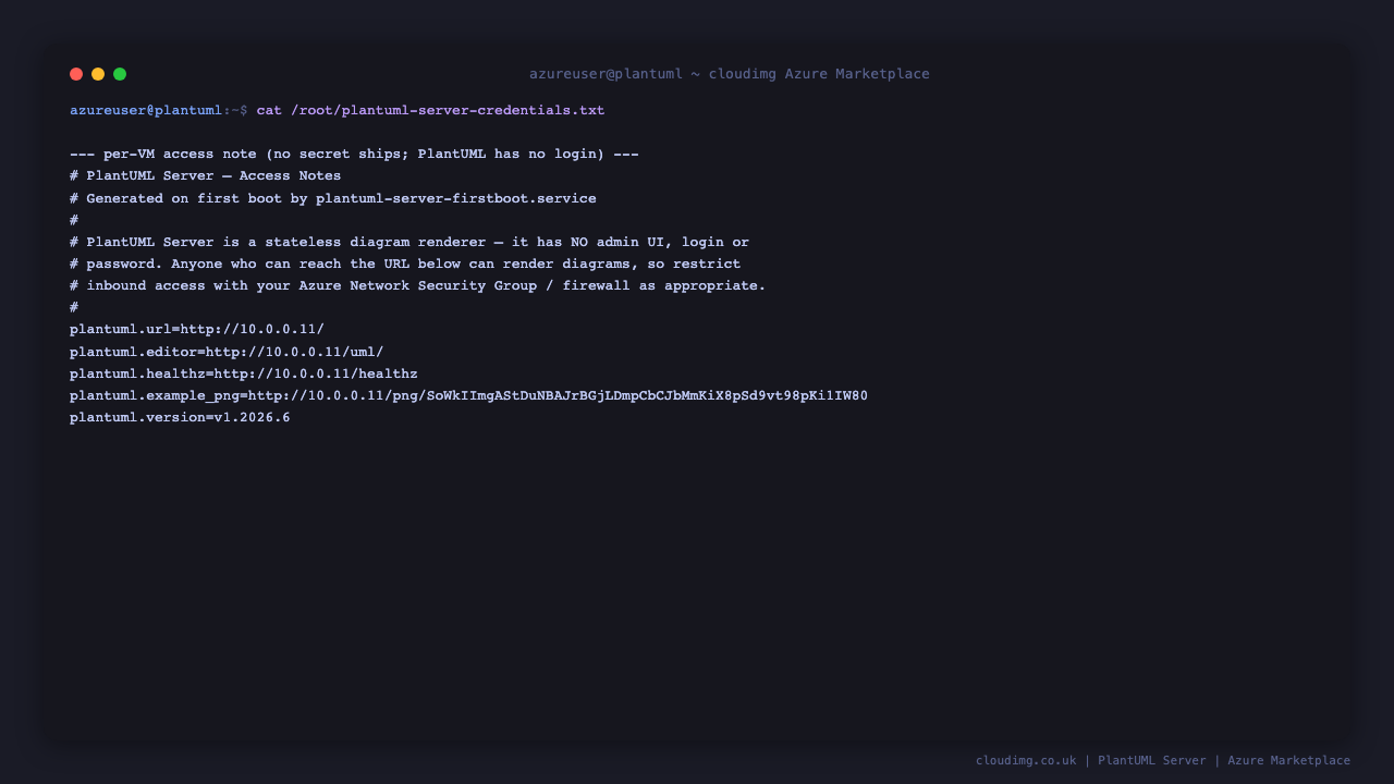The per VM access note at /root/plantuml-server-credentials.txt lists the editor URL, health URL and an example render URL, and states plainly that PlantUML has no admin UI, login or password and that inbound access should be restricted with a network security group